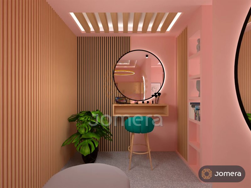 3D render of a makeup station with a round backlit mirror over a floating timber vanity, an emerald velvet stool and fluted timber wall panels