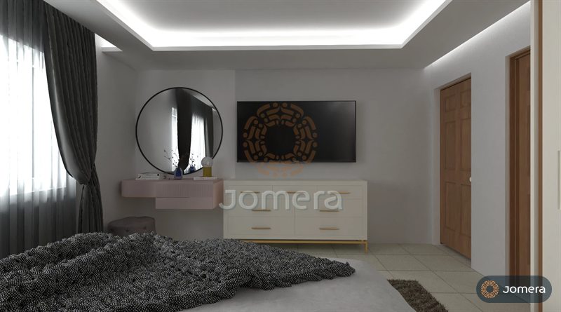 3D render of a bedroom with a floating blush vanity under a round black mirror, a cream dresser with brass handles and a wall-mounted TV