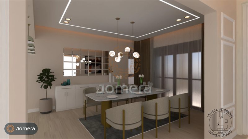 3D render of a dining room with a marble-top table, curved bouclé chairs on brass legs, a globe pendant, a mirrored wall panel and a cove-lit ceiling