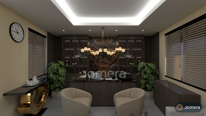 3D render of an executive office with a dark timber desk before a black-and-gold marble feature panel, backlit shelving, a globe chandelier, a cove-lit ceiling and two tub chairs