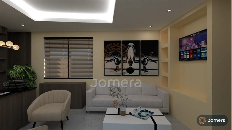3D render of an executive office lounge corner with a white sofa, a black-and-white coffee table, an aircraft triptych and a lit niche wall with a TV