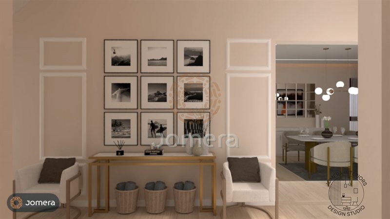 3D render of a hallway with a nine-frame black-and-white gallery wall above a brass console, two cream armchairs and woven baskets