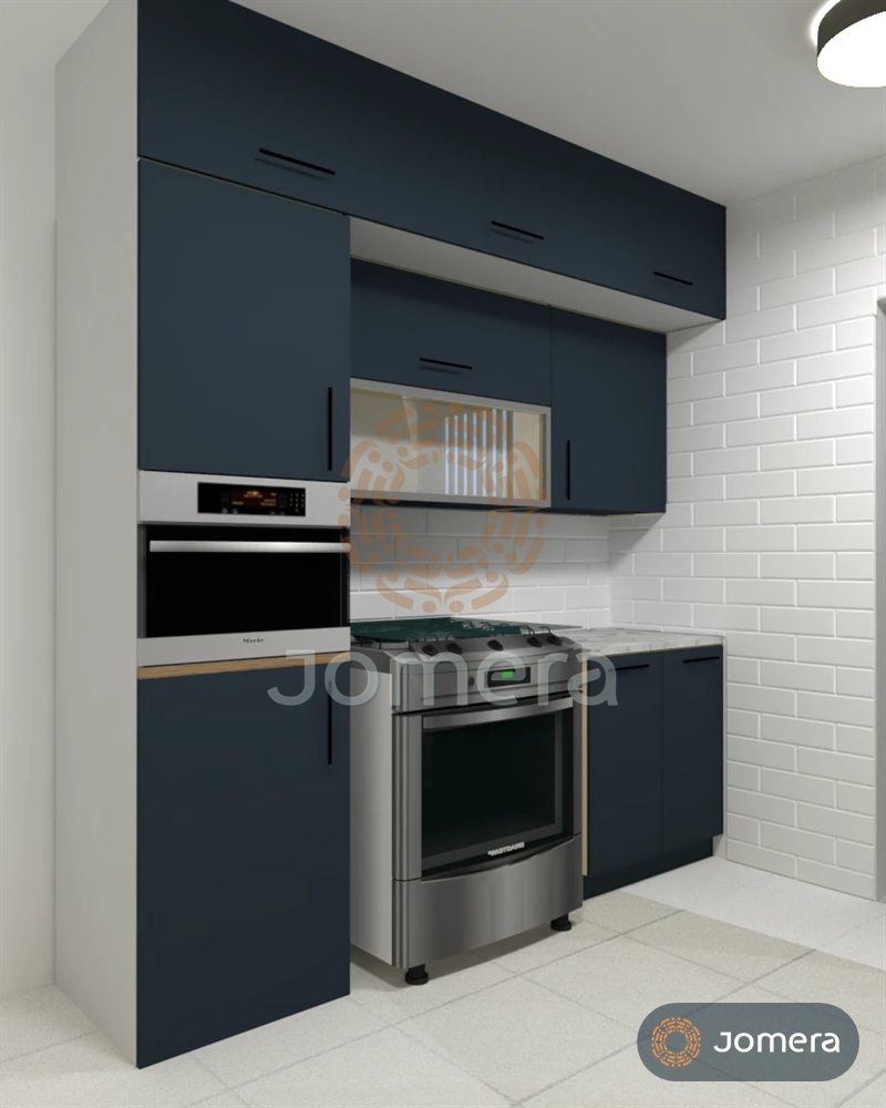 3D render of a kitchen wall with navy tall cabinets, a built-in oven, a freestanding gas range and white metro tiles