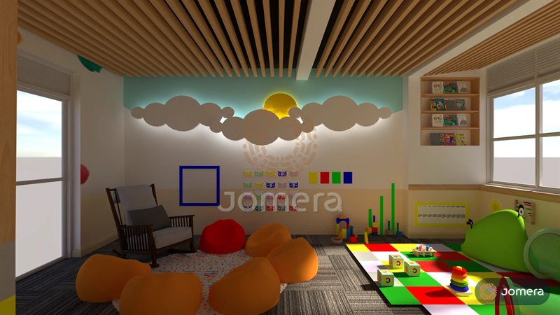 3D render of a children’s play and reading corner with a backlit cloud-and-sun wall feature, beanbags, a rocking chair, a timber slat ceiling and a front-facing book shelf