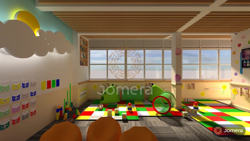 3D render of a bright soft play zone with checkered foam mats, caterpillar play tunnels, wall abacuses and flower motifs along a wall of windows