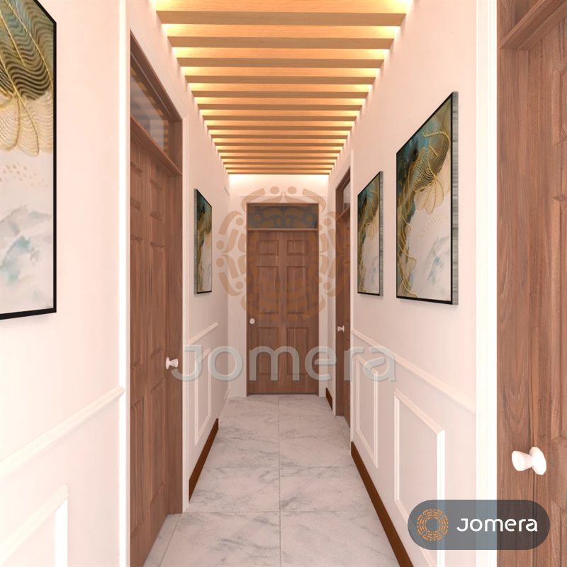 3D render of a corridor with a backlit timber slat ceiling, wainscot panelling, walnut doors and gold-and-teal abstract art