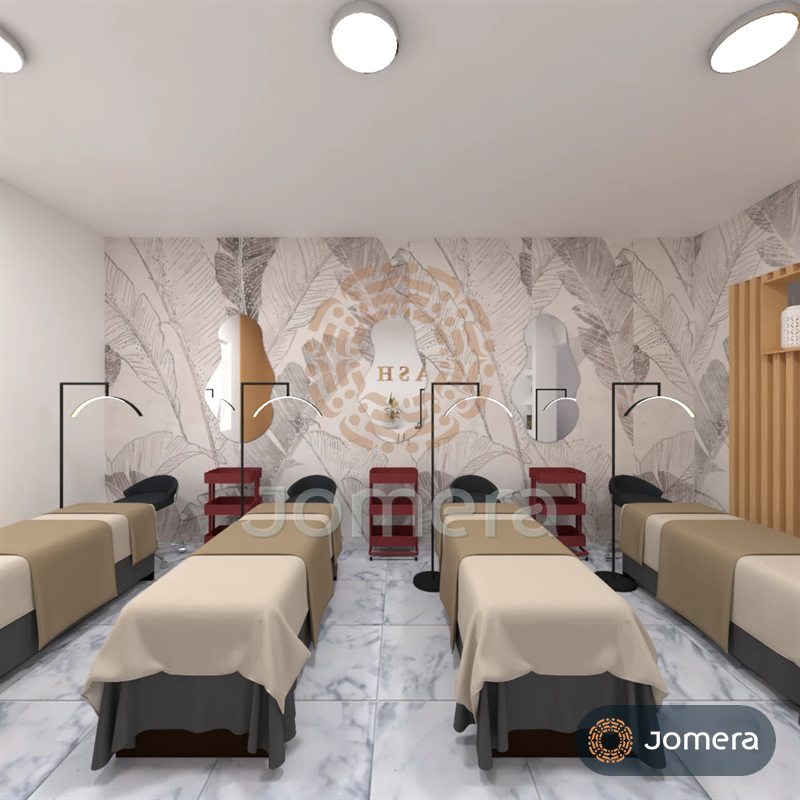 3D render of a lash and brow studio with four treatment beds, arched task lamps, organic-shaped mirrors on a banana-leaf mural and red trolleys