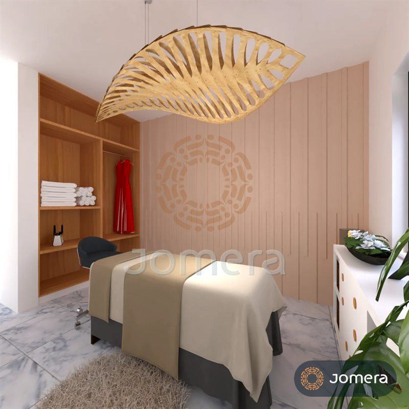 3D render of a single spa treatment room with a sculptural leaf-shaped timber pendant, blush fluted wall panels and open timber storage