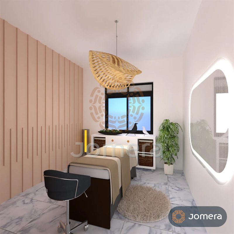 3D render of a compact spa treatment room with blush fluted panels, a woven leaf pendant, a backlit mirror and a window console