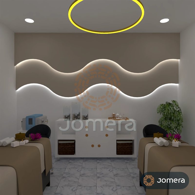 3D render of a twin spa treatment room with a backlit wave-shaped feature wall, a halo ring light, two made-up treatment beds and a white storage console
